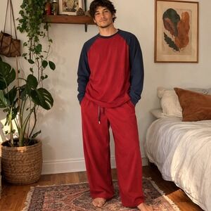 Vintage J.Crew‎ Lounge Set 90s Fleece Pajamas Burgundy Navy Men's Size XL